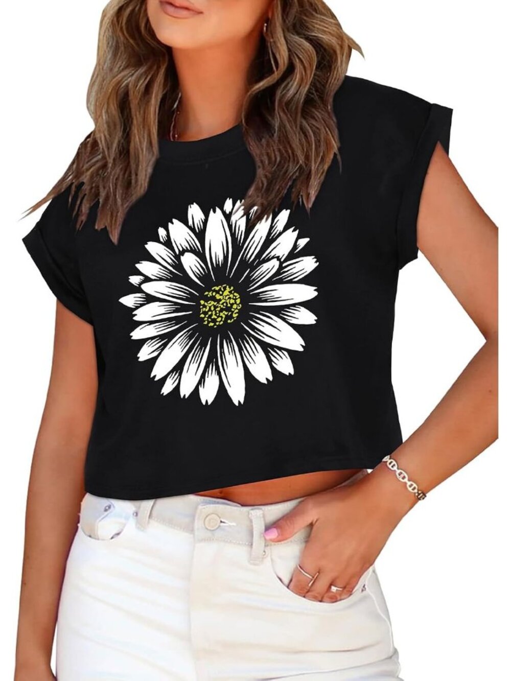 Women's Black White Flowers Crew Neck Cap Sleeves Crop Casual Pull On Tee Shirts